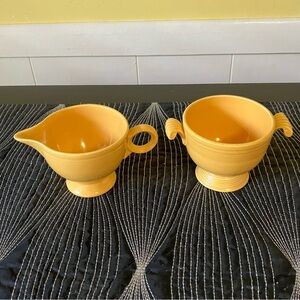 Vintage Original Yellow Glaze Fiesta Sugsr /Creamer  Mark HLC Fiesta Made in USA